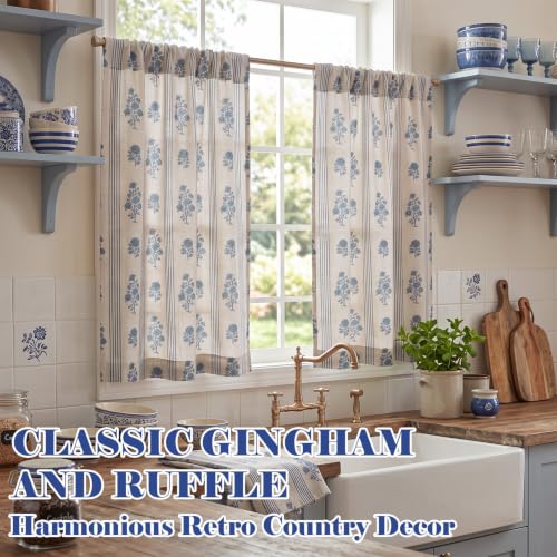 Blue Floral Linen Kitchen Tier Curtain Set - Farmhouse Decor, 24x36 Inches, Ruffled Hem
