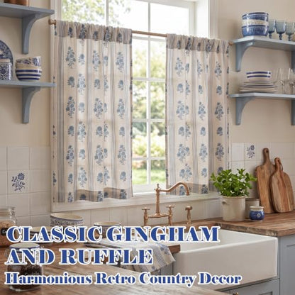 Blue Floral Linen Kitchen Tier Curtain Set - Farmhouse Decor, 24x36 Inches, Ruffled Hem