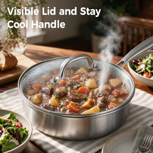 3.5 Quart Stainless Steel Deep Frying Pan with Lid - Tri-Ply Non-Stick Saute Pan