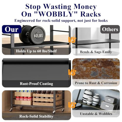 Black 18% Thickened 5-Tier Foldable Storage Shelves with Wheels - Heavy Duty Metal Organizer