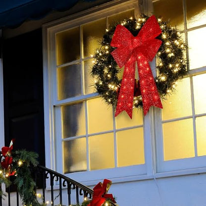 GLOWNOVA 48'' 126LED Christmas Wreath Bow with Glitter Red & Lights - Indoor Outdoor Decor