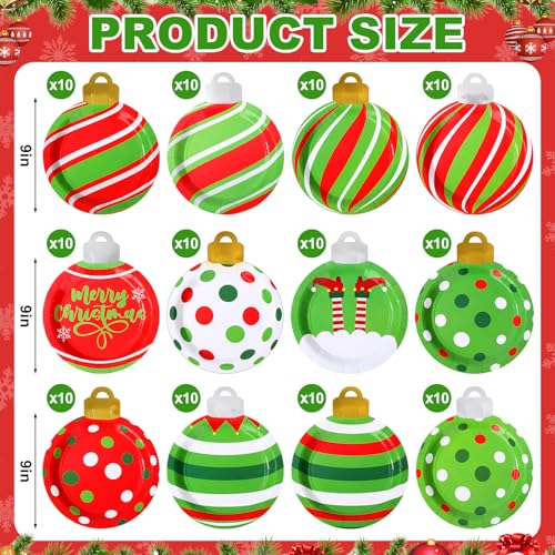 Christmas Disposable Plates Bulk Set - 120 Pcs 9 Inch Light Shaped Party Dinnerware with Variation Ornaments Ball