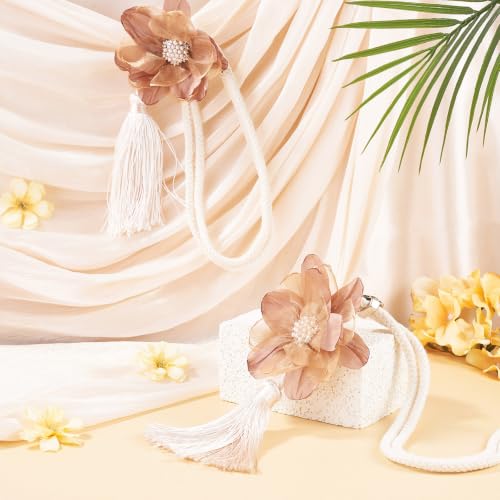 Sandy Brown Amber Flower Curtain Tiebacks with Tassel and Pearl Bead - 2 Pcs
