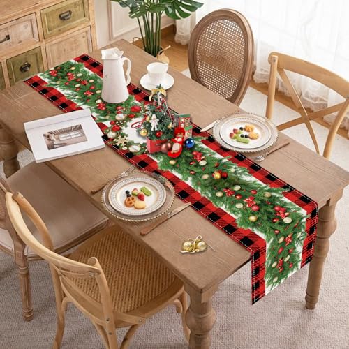 Christmas Garland Table Runner - Red & Black Buffalo Plaid, 13x90 Inches, Seasonal Holiday Decor