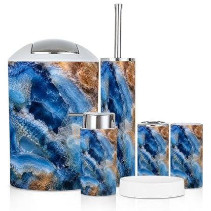 Bathroom Accessory Set 6PCS Blue Agate Mineral Layered Crystalline Pattern Multi3