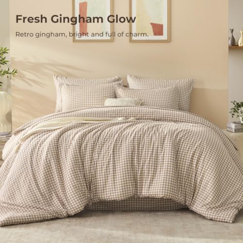 Litanika Full Size Tan Gingham Comforter Set - 7 Pieces Bedroom Bedding