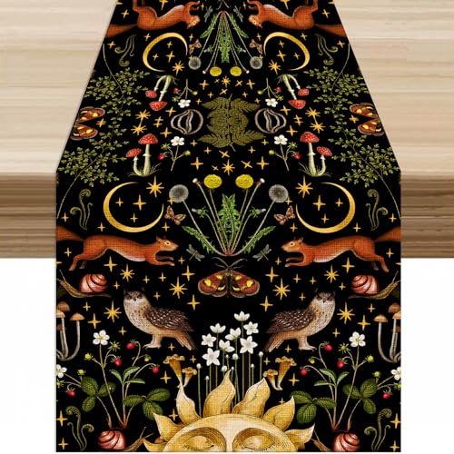 Retro Animal Table Runner for Kitchen, Dark Bohemian Forest Design, W13X L36 - Cotton Linen Decor