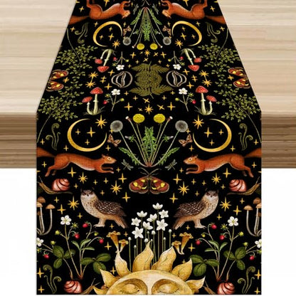 Retro Animal Table Runner for Kitchen, Dark Bohemian Forest Design, W13X L36 - Cotton Linen Decor