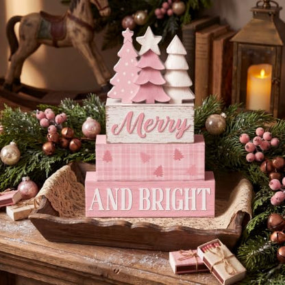 Pink Christmas Wooden Sign Set - Festive Holiday Table Decor, 4 Pieces