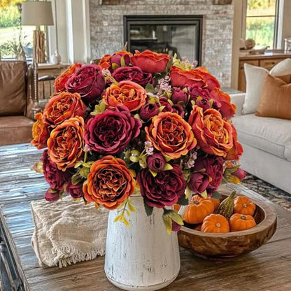 Fall Artificial Flower Bouquet Set - Faux Silk Peony & Autumn Florals - Fall Colors