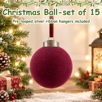 15 Pcs Velvet Christmas Balls - Burgundy Flocked Ornaments with Hanging Ropes, 3.15 Inch