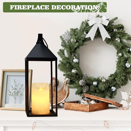 17" & 13" Modern Farmhouse Candle Lantern Decor Set - Black Metal Flameless Indoor & Outdoor Lanterns