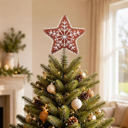 Gingerbread Star Christmas Tree Topper - Felt Embroidered Snowflake Design, Brown Felt, Spring Base