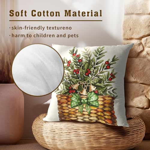 Winter Botanical Throw Pillow Covers 16x16 Inch Set of 2 Pine Branches Red Berries Basket