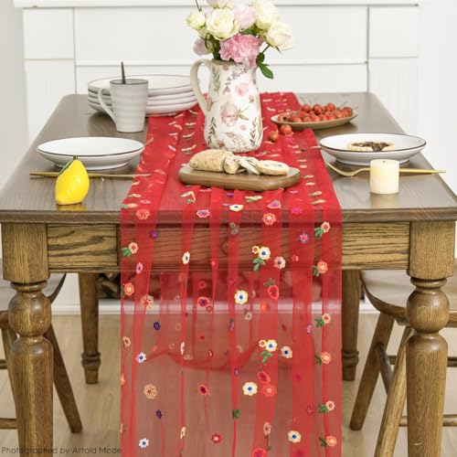 Red Embroidery Daisy Gauze Table Runner 28x120 Inch 3 Pack - Bright Home Decor