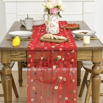 Red Embroidery Daisy Gauze Table Runner 28x120 Inch 3 Pack - Bright Home Decor