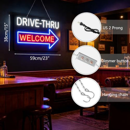 Drive Thru Welcome Neon Sign - Wall Decor LED Neon Lights for Bedroom, Office, Bar, Christmas 23.2 x 15 Inch