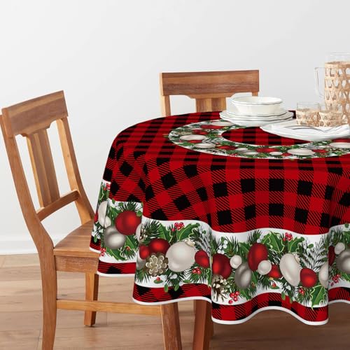 Christmas Round Tablecloth 90x90 Inch Red Plaid Holiday Decor - Washable