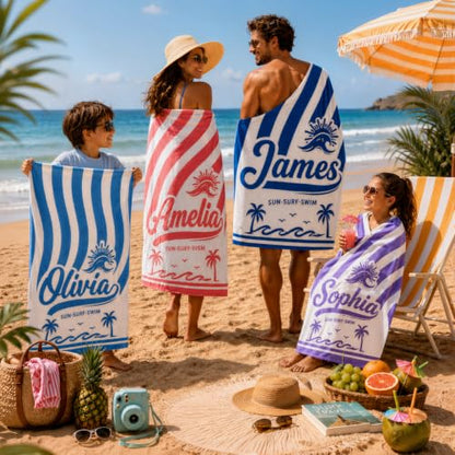 Lavender Purple Personalized Beach Towel with Names - Custom Sand-Free Pool & Vacation Wrap