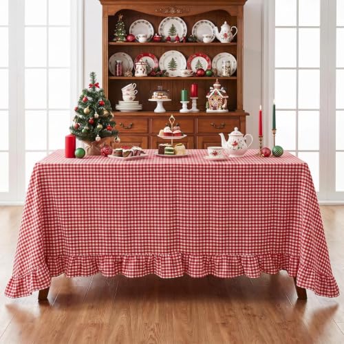 Eternal Beauty Red & White Gingham Ruffled Tablecloth 60x84 Inches - Christmas & Fall Decor
