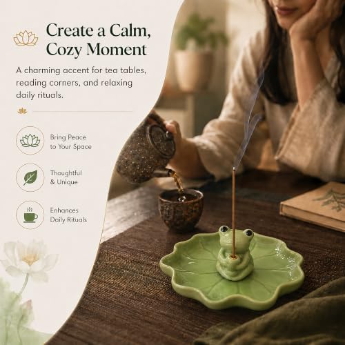 Ceramic Frog and Lotus Incense Holder for Sticks, Ash Catcher Decor