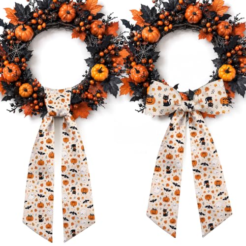 Halloween Wreath Sash Set - 2pcs 56 Inch Pumpkin Ghost Black Cat Satin Decorations