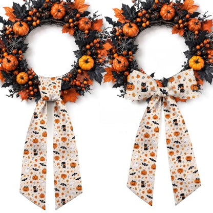 Halloween Wreath Sash Set - 2pcs 56 Inch Pumpkin Ghost Black Cat Satin Decorations