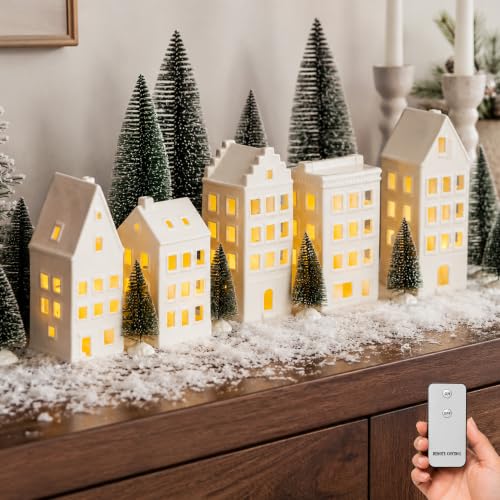 15PCS Lighted Christmas Village Set Ceramic Houses & Trees - Indoor Holiday Decor