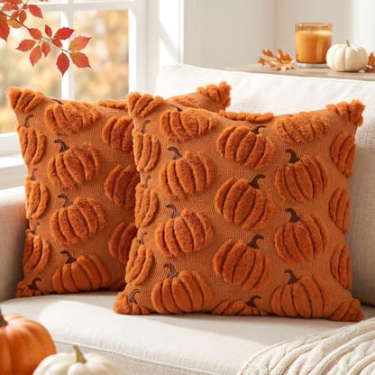 Orange Pumpkin Fall Pillow Covers 18x18 Set of 2 Plush Thanksgiving Decor