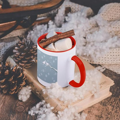 11 Ounce White Ceramic Mug with Red Interior and Snowflake & Turtle Doves Design - Christmas Gift
