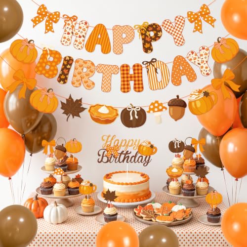 Fall Birthday Party Decorations Set with Banners, Balloons & Cake Toppers