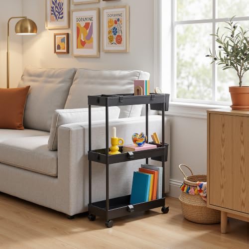 VECELO 3-Tier Slim Rolling Storage Cart with Dividers & Hooks - Black