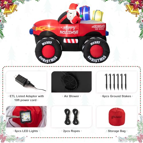 Inflatable Christmas Santa on Off-Road Pickup Truck Decor with Built-in LEDs - 7ft Holiday Yard Decoration