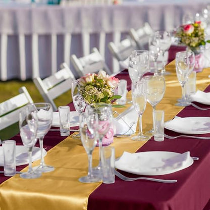 Burgundy and Gold Tablecloths Set with Satin Runners - 8 Pack - Wedding & Party Decor