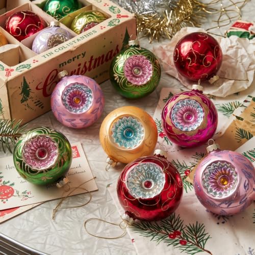Vintage Glass Christmas Ornaments Set - Red Series, 12 Large 4-Inch Baubles with Glitter Accents