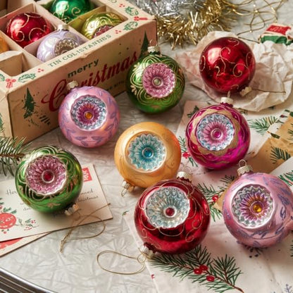 Vintage Glass Christmas Ornaments Set - Red Series, 12 Large 4-Inch Baubles with Glitter Accents