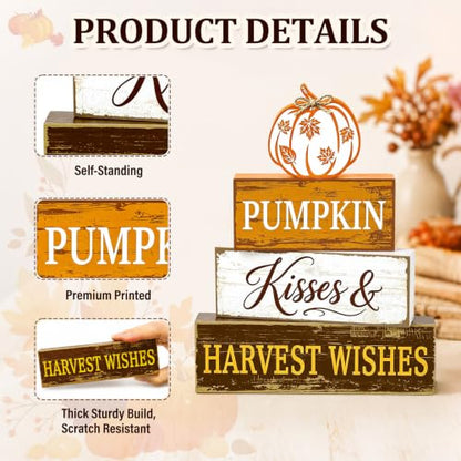 Fall Pumpkin Wooden Block Signs Set with Heartwarming Message - Autumn Decor