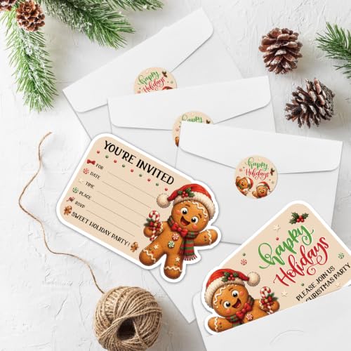 Christmas Party Invitations Set with Gingerbread Man Shaped Cards, Envelopes & Stickers