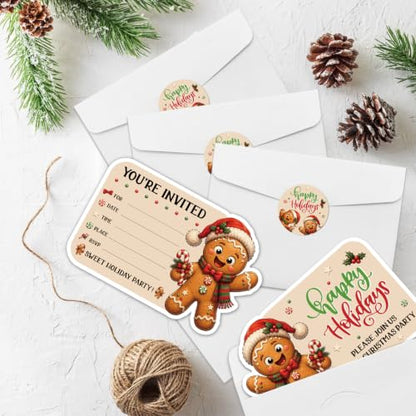 Christmas Party Invitations Set with Gingerbread Man Shaped Cards, Envelopes & Stickers