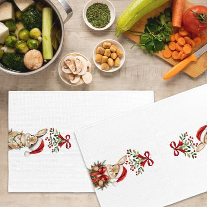 Christmas Bunny Kitchen Towels Set of 2 - Holiday Rabbit Decor, Bunny Variation