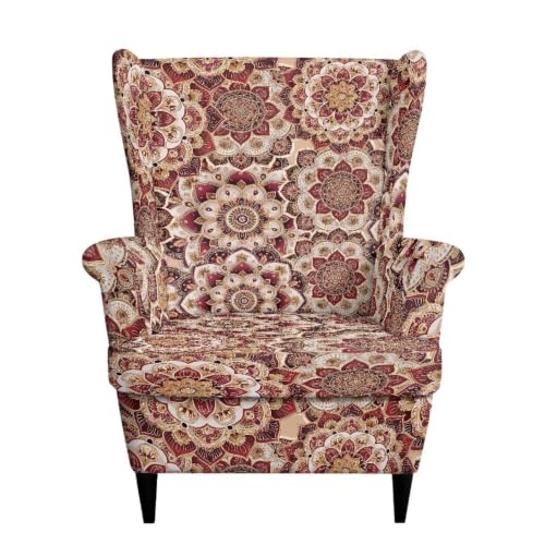 2 Piece Bohemian Flower Mandala Wingback Chair Slipcover - Floral Wing Chair Cover