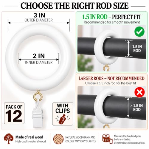 2 Inch Inner Diameter Wooden Curtain Rings with Clips - 12 Pack - White Farmhouse Style