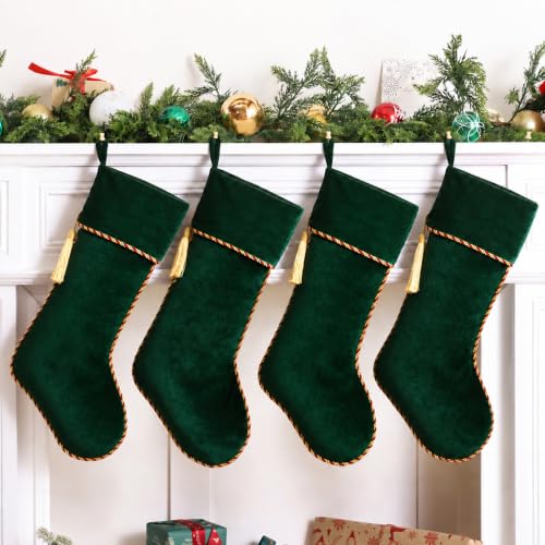 Green Velvet Christmas Stockings 3 Pack - 20 Inch Large Holiday Decor