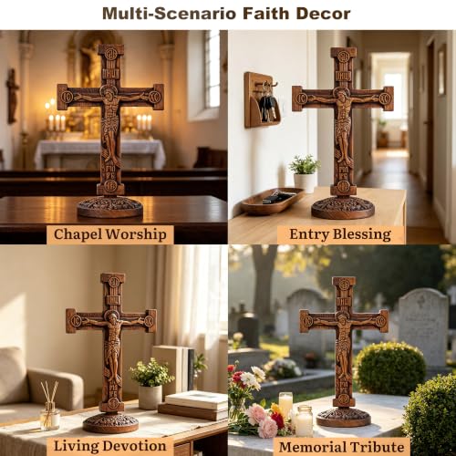 13.78in Double-Sided Orthodox Wooden Crucifix - Hand-Carved Religious Decor with Base Variation of 13.78"L x 8.78"W