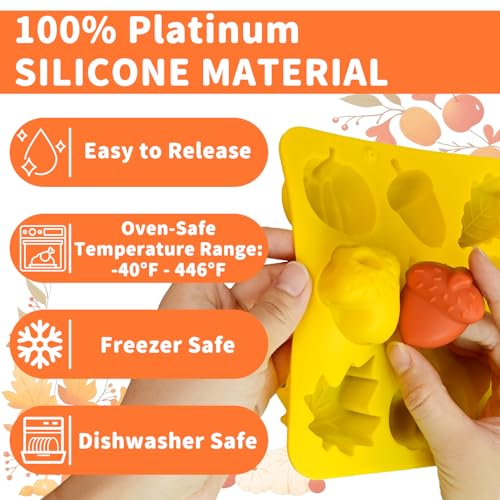 Fall Silicone Molds 3 Pack - Autumn Pumpkin, Leaf & Acorn Design, Orange + Yellow + Green