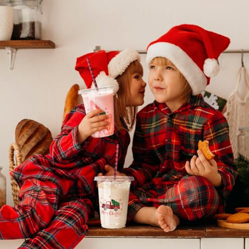 Christmas Party Disposable Plastic Cups with Lids and Straws - 50 Pack