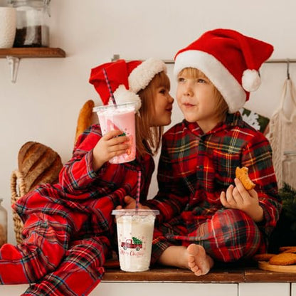 Christmas Party Disposable Plastic Cups with Lids and Straws - 50 Pack