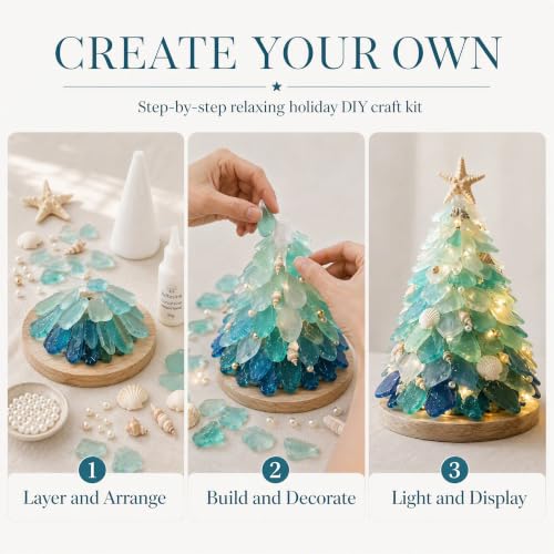 Sea Glass Christmas Tree DIY Kit with LED Lights - Coastal Holiday Decor - Standard