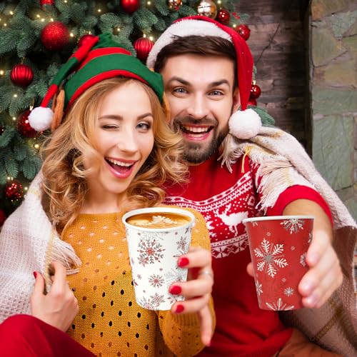 Christmas Snowflake Paper Cups with Lids 12oz - Red, 100 Pack - Holiday Party Supplies