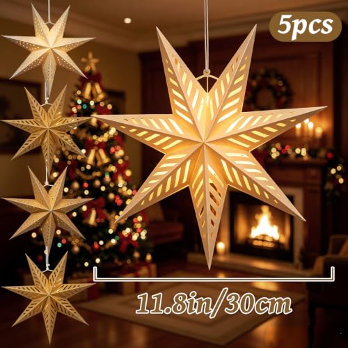 Paper Star Lantern Set of 5 Foldable 3D Hanging Decorations with Light - Brown Mix